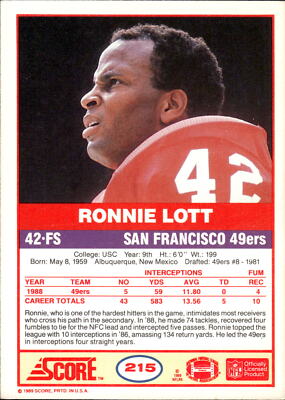 1989 Score #215 Ronnie Lott | eBay
