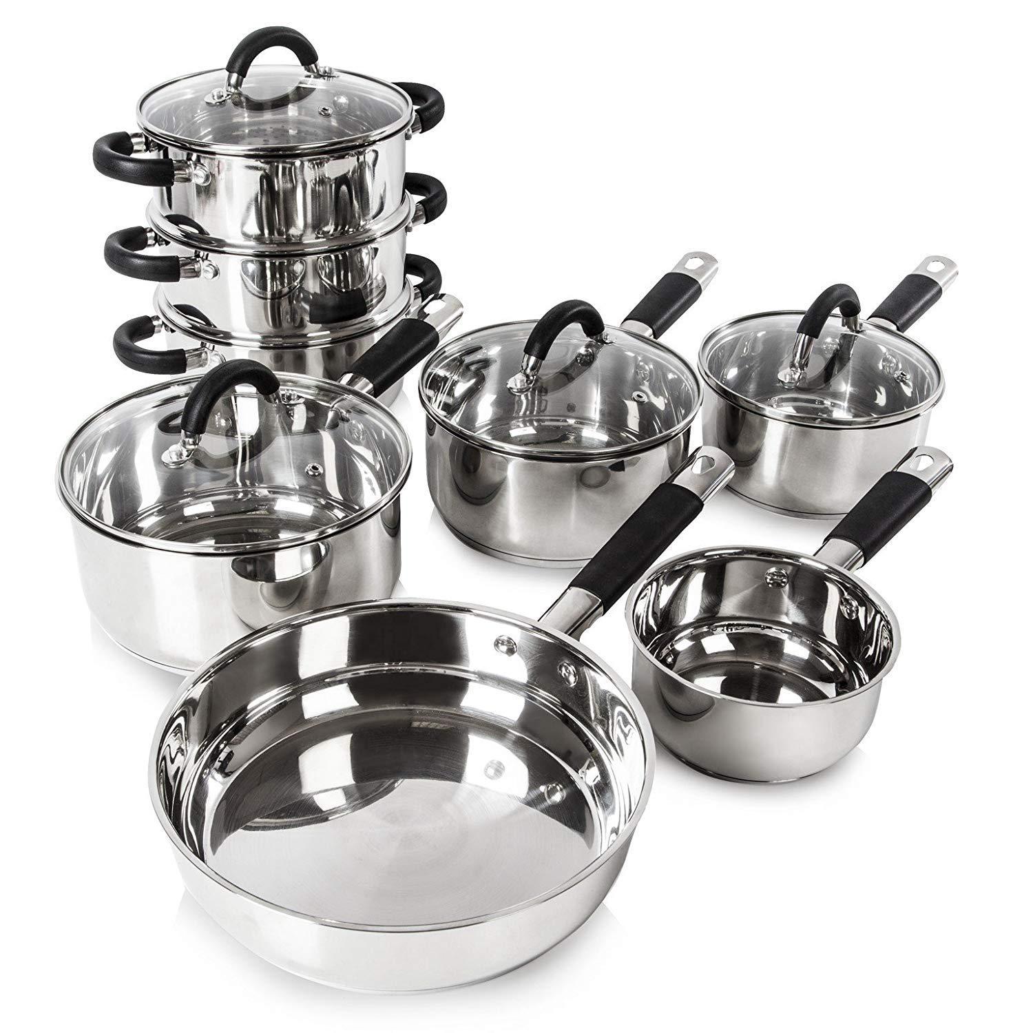 Induction Hob Pan Set Stainless Steel Frying Pan Sauce Pans Steamer Glass 8Pc | eBay