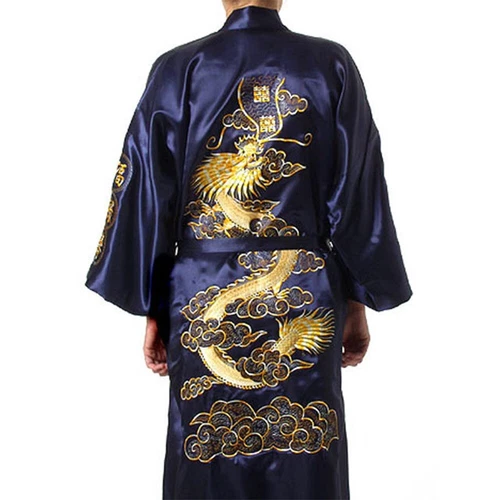 Men Satin Chinese Dragon Kimono-Silk Bathrobe Pajamas Sleepwear Gown Bath Robe - Imagen 37 de 52