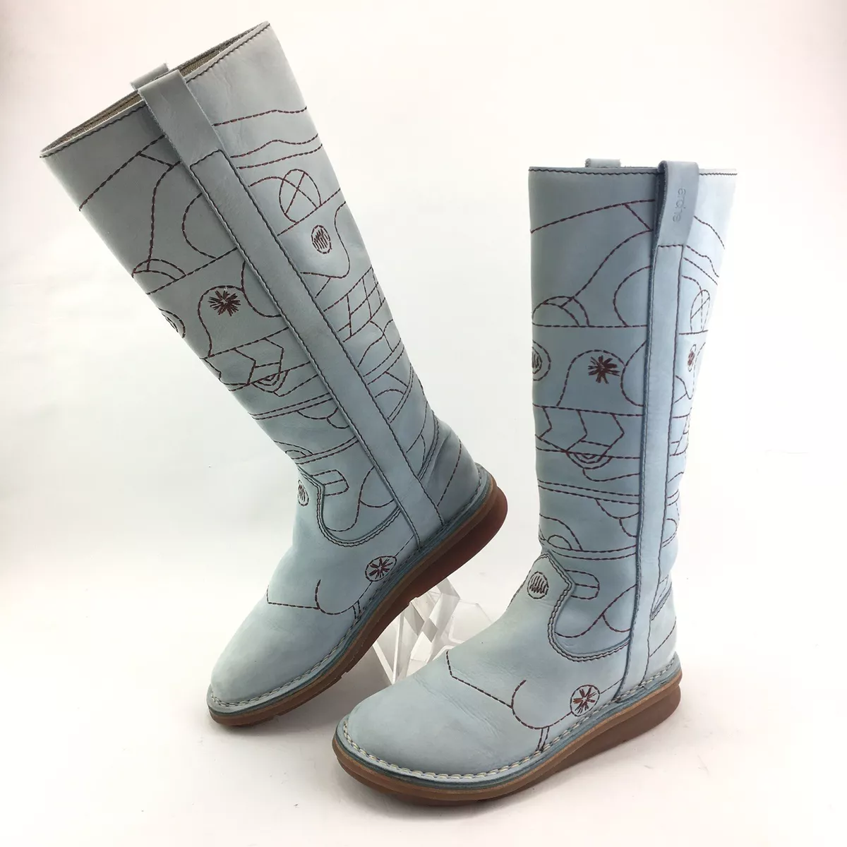 ARCHE Rare Womens Baby Blue Nubuck Leather Embroidered Tall Boots Sz 9.5 / 40
