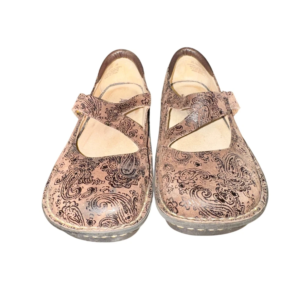 Zuecos Alegria Jill Mary Jane para mujer talla 8 cuero marrón estampado cachemira zapatos  Foto 2 de 4