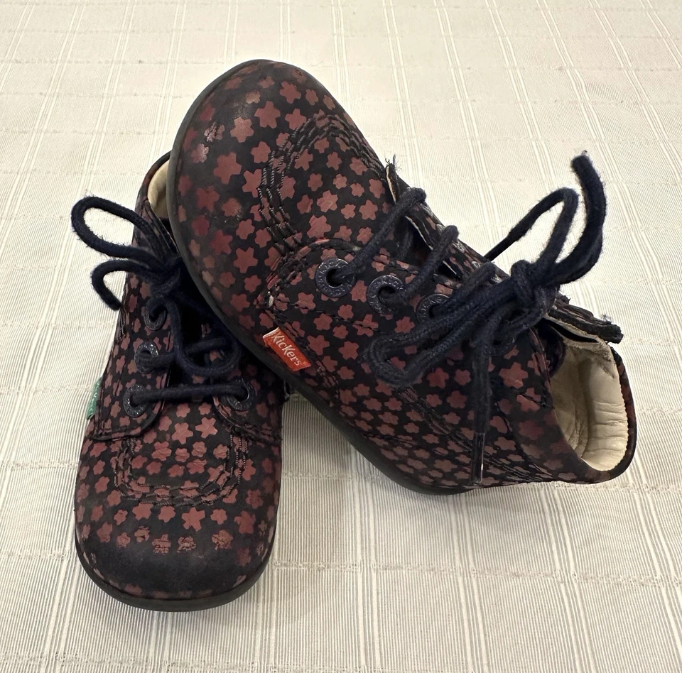 Kickers Infante Niño Pequeño Azul Marino Rosa Flor Cuero Botas Cremallera Lateral EU 24 US 8 Foto 2 de 4