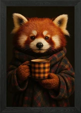 Red Panda with Coffee Mug Framed Wall Art Poster Canvas Print Picture