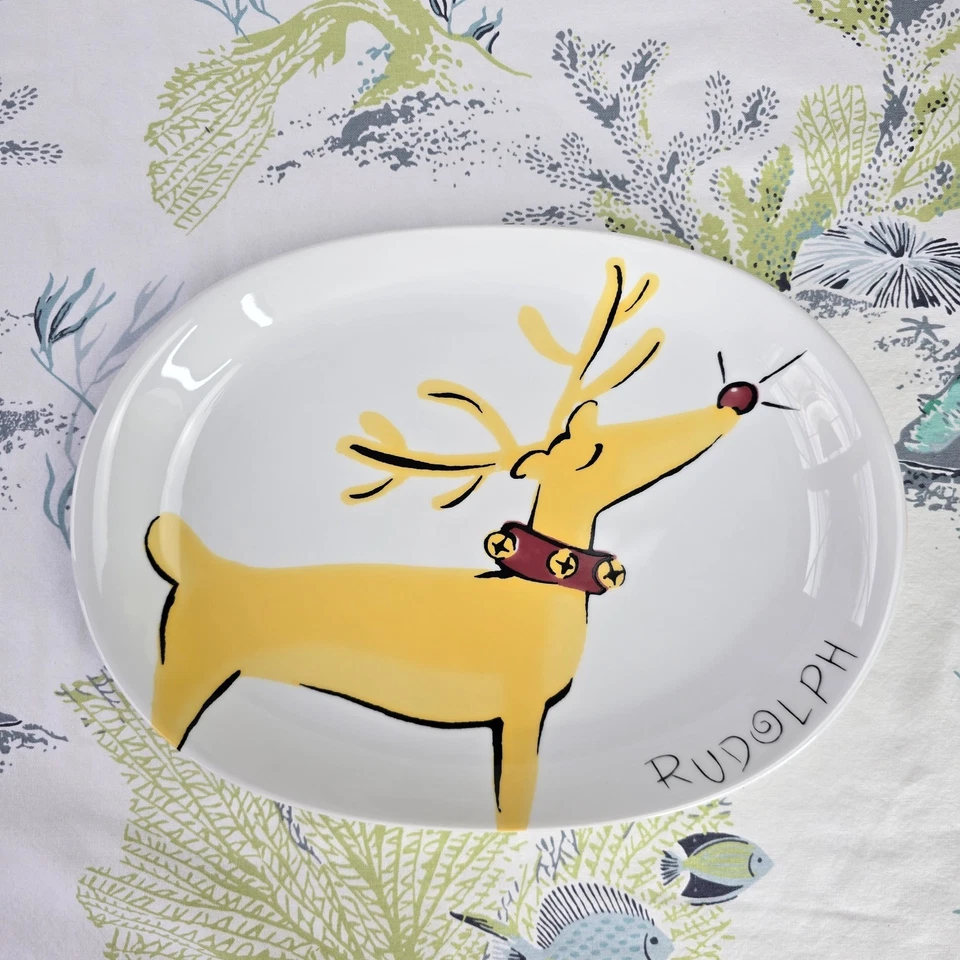 Plato para servir Pottery Barn Reindeer raro Rudolph 14" ovalado Foto 2 de 4