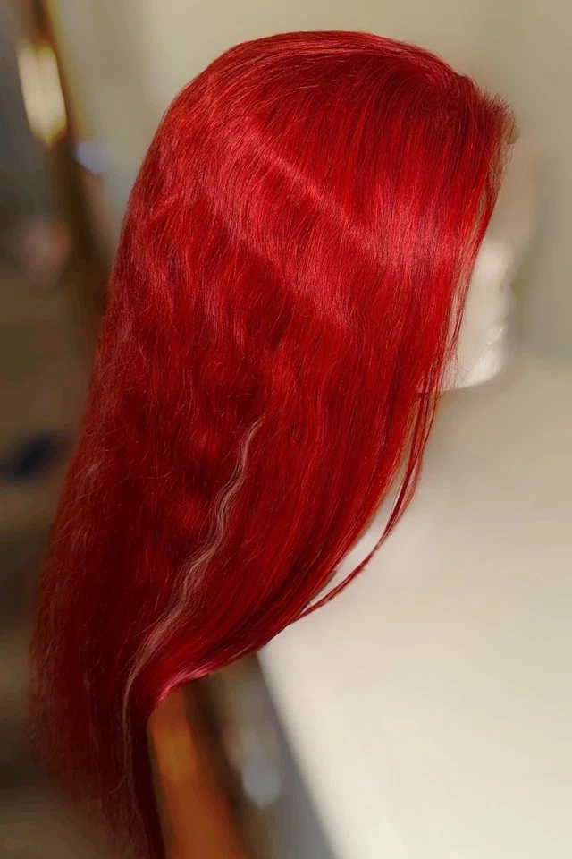 Preciosa peluca cosplay, roja brillante con reflejos rubios, onda corporal, 100 % cabello humano Foto 2 de 4