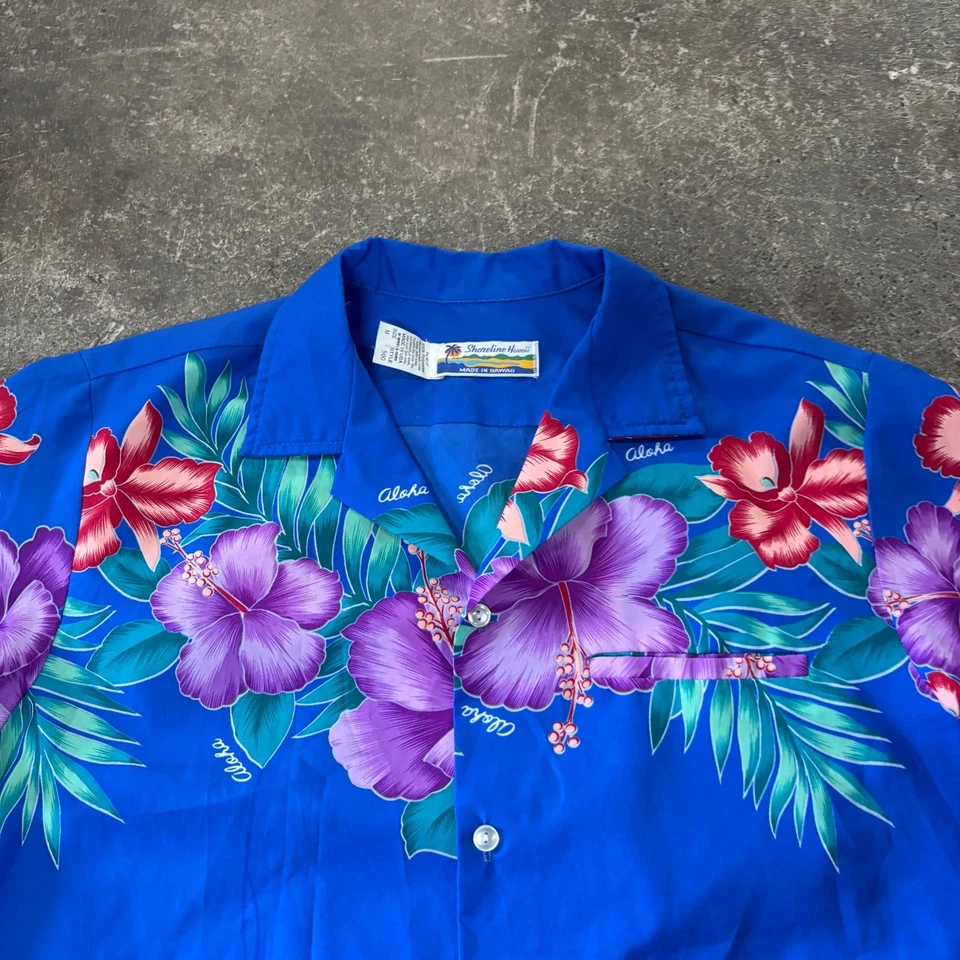 Vintage Shoreline Hawaiian Aloha Button Up Shirt Men's M Blue Hibiscus 70s USA - Image 2 of 4