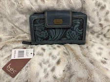 b.o.c. Born Concept Blue Tooled Leather Checkbook Wallet Zip Around Clutch Bag