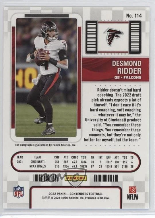 2022 Panini Contenders RPS Championship Ticket /49 Desmond Ridder Rookie Auto RC - Image 2 of 2