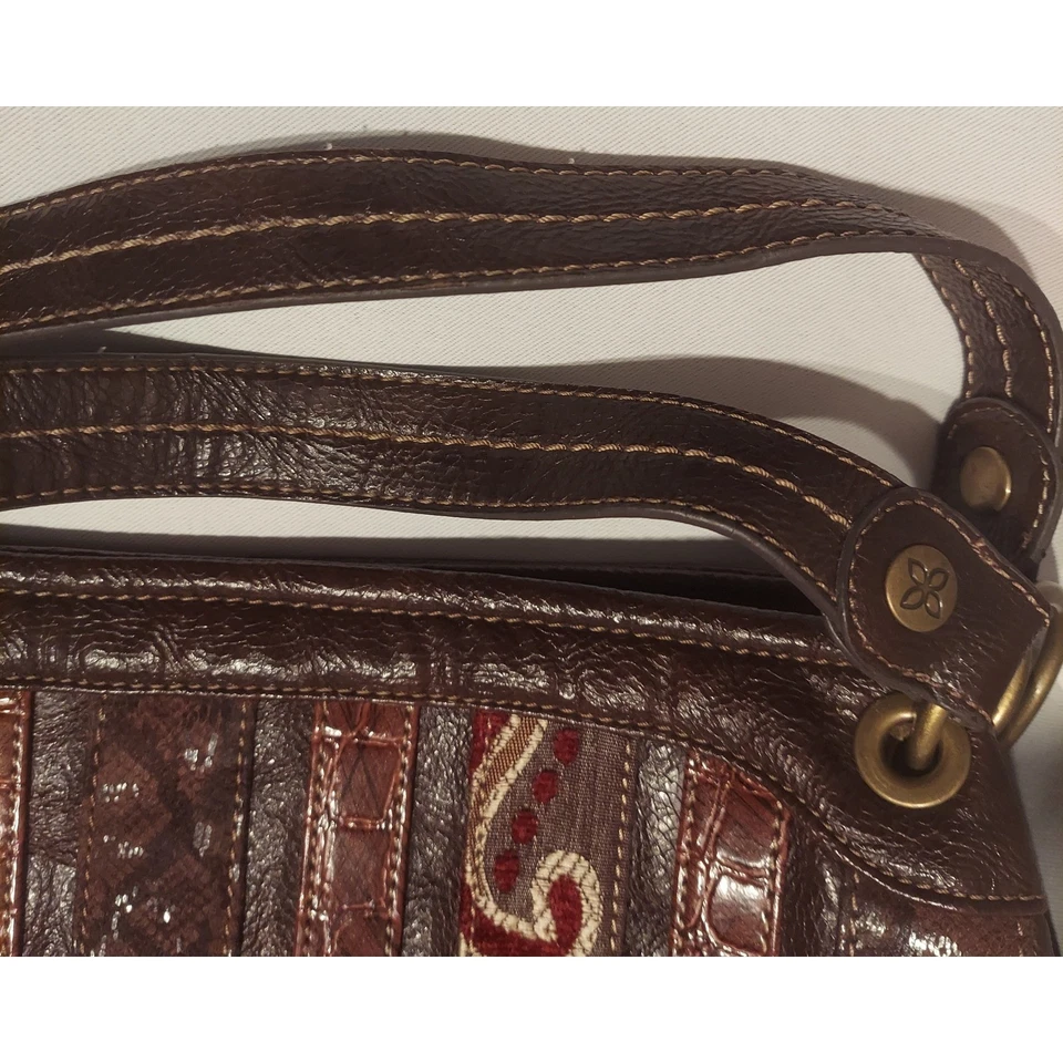 Relic Womens Brown Embossed Faux Leather & Canvas Boho Handbag Satchel Purse - Image 4 of 4