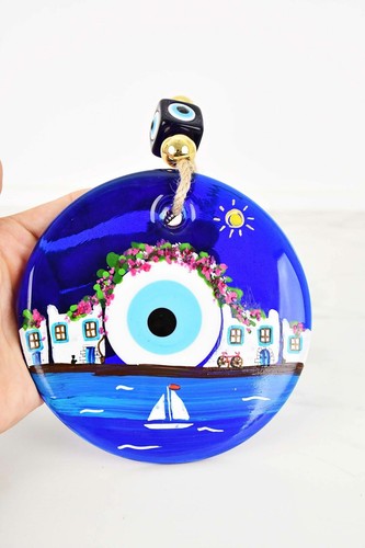 Evil Eye Santorini Themed Hand Painted Large Glass Wall Hanging - Bild 2 von 7