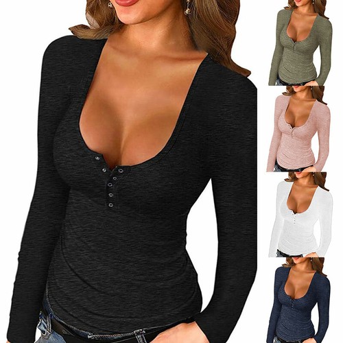 Mujer Manga Larga Sexy Tops camiseta Verano Otoño Tee Top Deep V Cuello Tops | eBay
