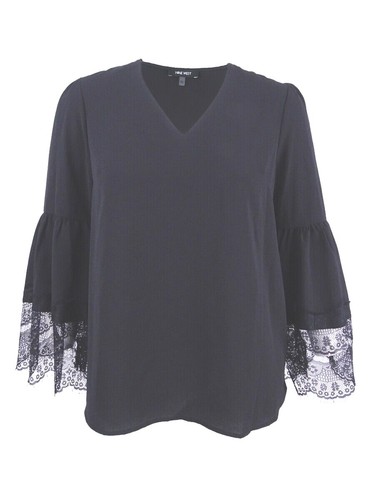 Nine West Womens Lace Trim V-Neck Peasant Top, Black, X-Large - Picture 3 of 4