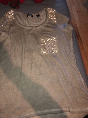 Women s Via Milano Small Sequin Brown/Gold Shirt with Pocket-worn Only A Few Xs