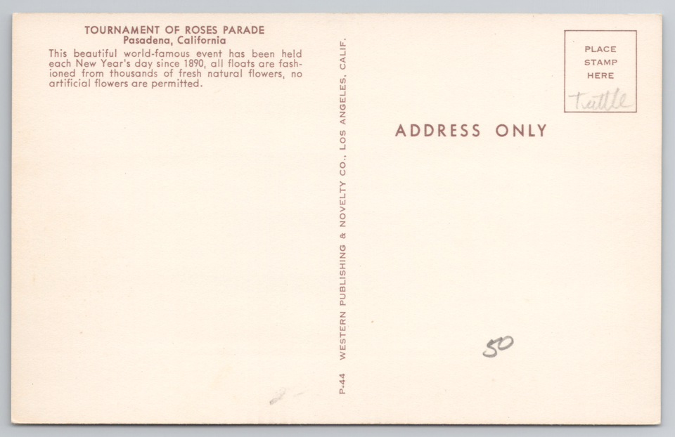 Pasadena California 1954 Tournament of Roses Parade CA Postcard Aerial