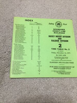 SEABOARD COAST LINE RAILROAD 1975 TIME TABLE Rocky Mount Raleigh D&S