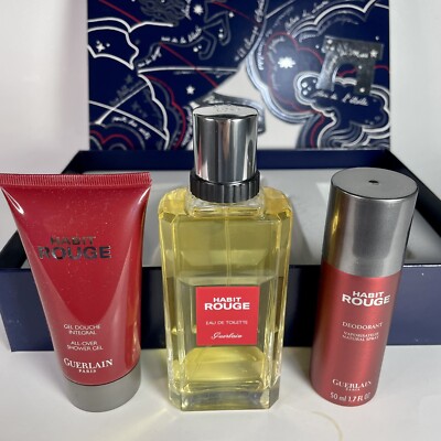 Guerlain HABIT ROUGE 3pc Set Men 3.3oz EDT Spray, 75ml Sh.Gel