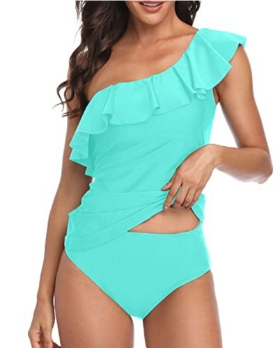 Yonique Womens One Shoulder Ruffle Tummy Control Swimsuit 2 Pc Aqua Size M Beach
