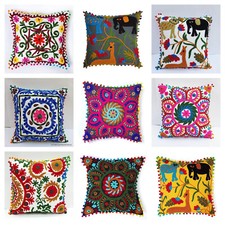 16 x 16 Indian Multi Suzani Cushion Cover 5 Pc Assort Cotton Embroidery Pillow