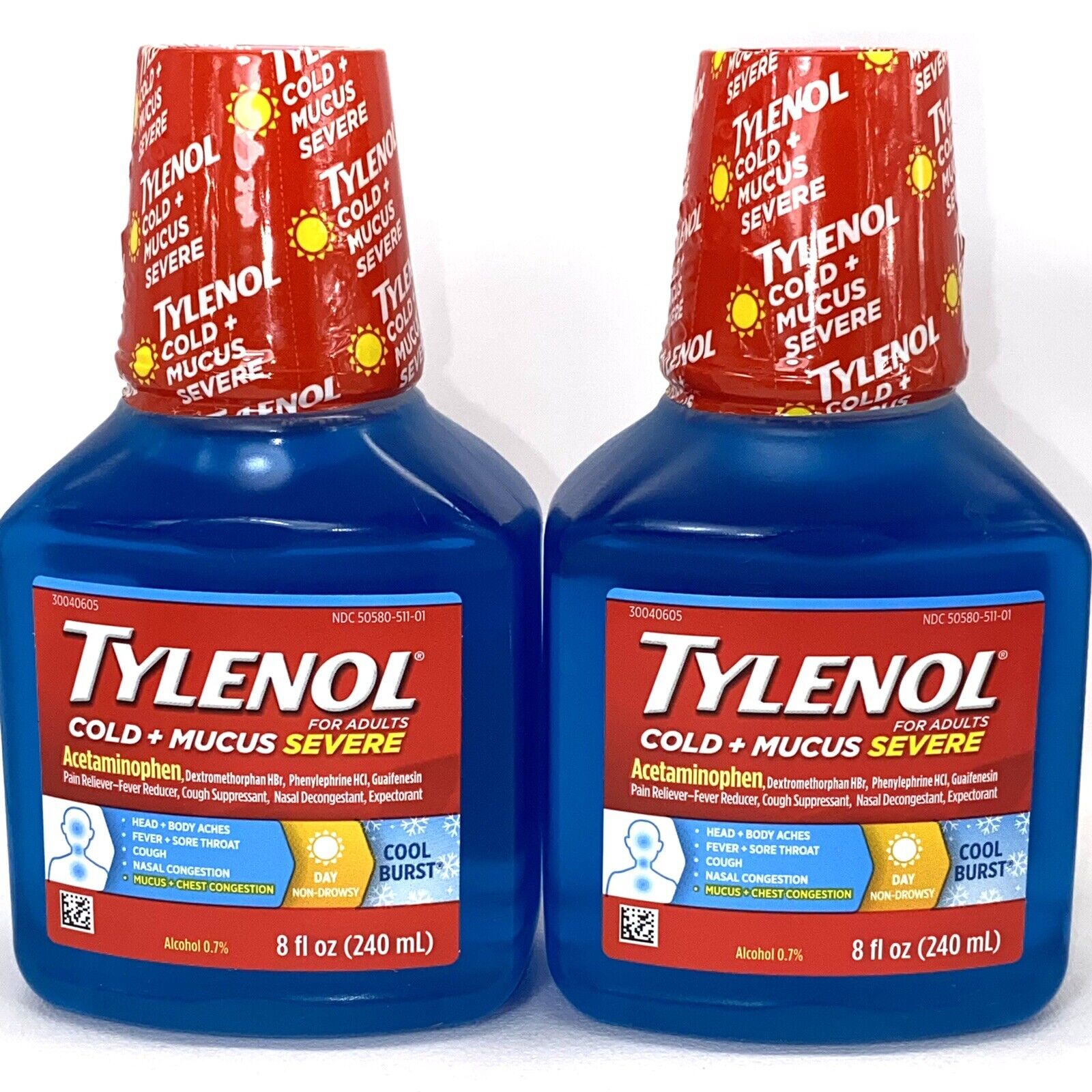 (2) Tylenol Cold + Mucus Severe 8 Oz. Each Liquid Cool Burst Exp.09/2022