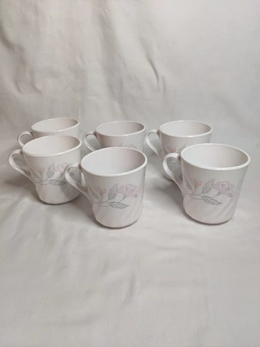 6 Corelle Corning Ware PINK TRIO Coffee Cups Swirl Pink Flowers