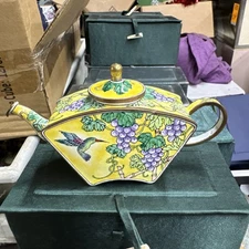 KELVIN CHEN Enamel Mini Copper Handpainted Teapot - Hummingbird & Grape 1