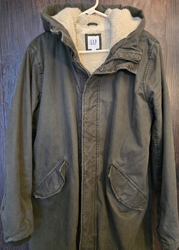 Gap Coat Size Small Olive Green Hooded Zipper Button Sherpa Lined - Picture 5 of 12
