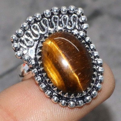 925 Silver Plated Exclusive Tiger Eye Ethnic Ring Jewelry Size US 6 GW