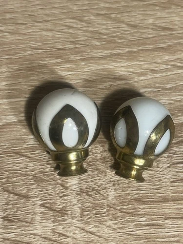 2 White Milk Glass Ball Brass Threaded Lamp Finial Replacement Vintage