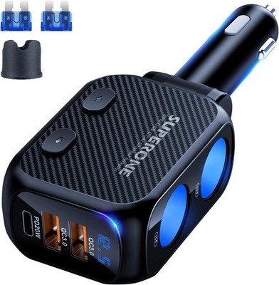 180W Cigarette Lighter Splitter, 2-Socket USB-C Car Charger