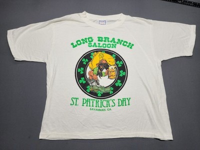 Vtg St Patricks Day T Shirt XL White Short Sleeve Long Branch Saloon Bar 80s 90s