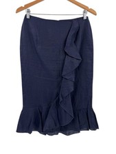 BODEN Women's Navy Linen Ruffle Front  Hem Straight Skirt US 4
