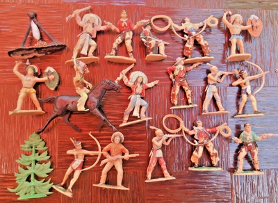 lot figurines cow boy indien ancien + ranch années 60 jouet ancien en bois - Photo 1/4