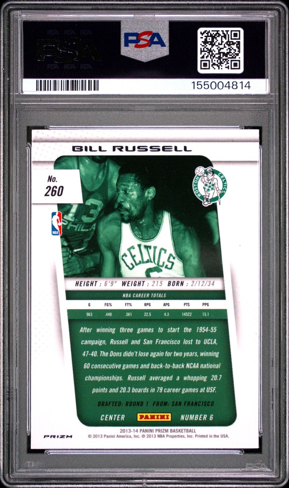2013 PANINI PRIZM PRIZM #260 BILL RUSSELL PSA 10 view 2