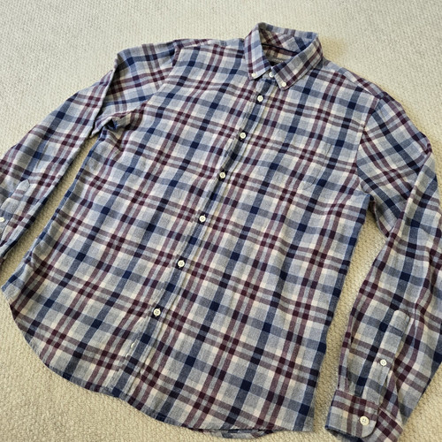 Jaeger Wool Blend Check Plaid LS Flannel Button Shirt Grey Blue Burgundy L Large - Picture 3 of 11