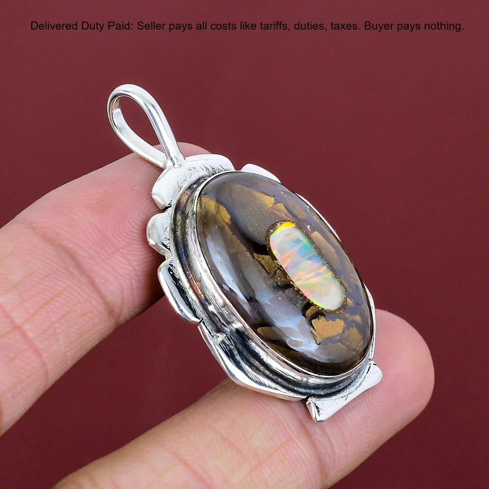 Colgante étnico con bisel de piedras preciosas de ópalo etópico de plata de ley 925 Foto 4 de 4