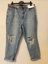 Women’s F&F Tesco Mom High Rise Jeans With Ripped Knees With Brown Belt NEW 16S