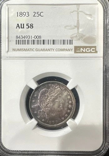 U.S. 1893 BARBER QUARTER NGC AU-58 Beautiful TONED Purple Blue