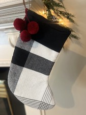 Hearth  Hand with Magnolia  Plaid Holiday Stocking  Black White Plaid w/ Red Poms