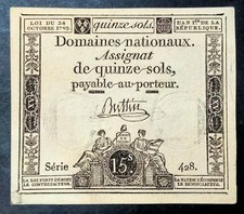 Alte Banknote f&uuml;r Sammler, " FRANKREICH" - ASSIGNAT - 15 SOLS 1792 - VF+ !!