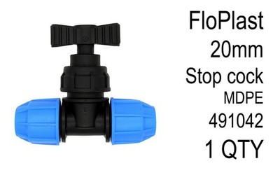 FloPlast Kunststoff Absperrhahn 20mm MDPE Band Netz Wasser Klemmverschraubung 491042