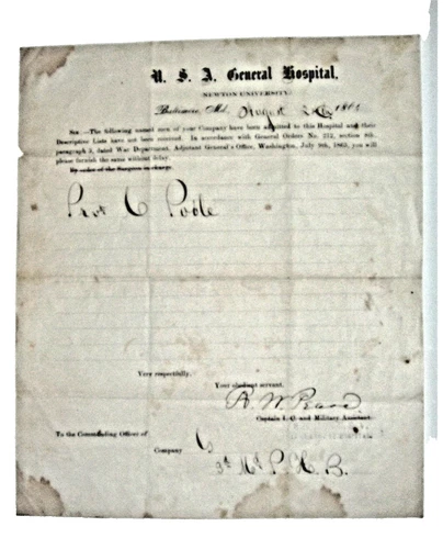 Civil War U.S.A. GENERAL HOSPITAL, NEWTON UNIVERSITY, BALTIMORE, MD DOCUMENT