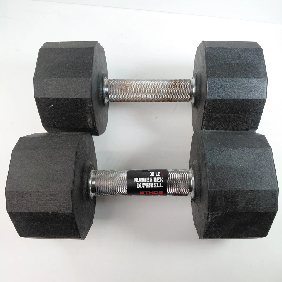 Ethos Dumbell Set 30 Lb Rubber Hex Rubber Coated. - Image 3 of 4