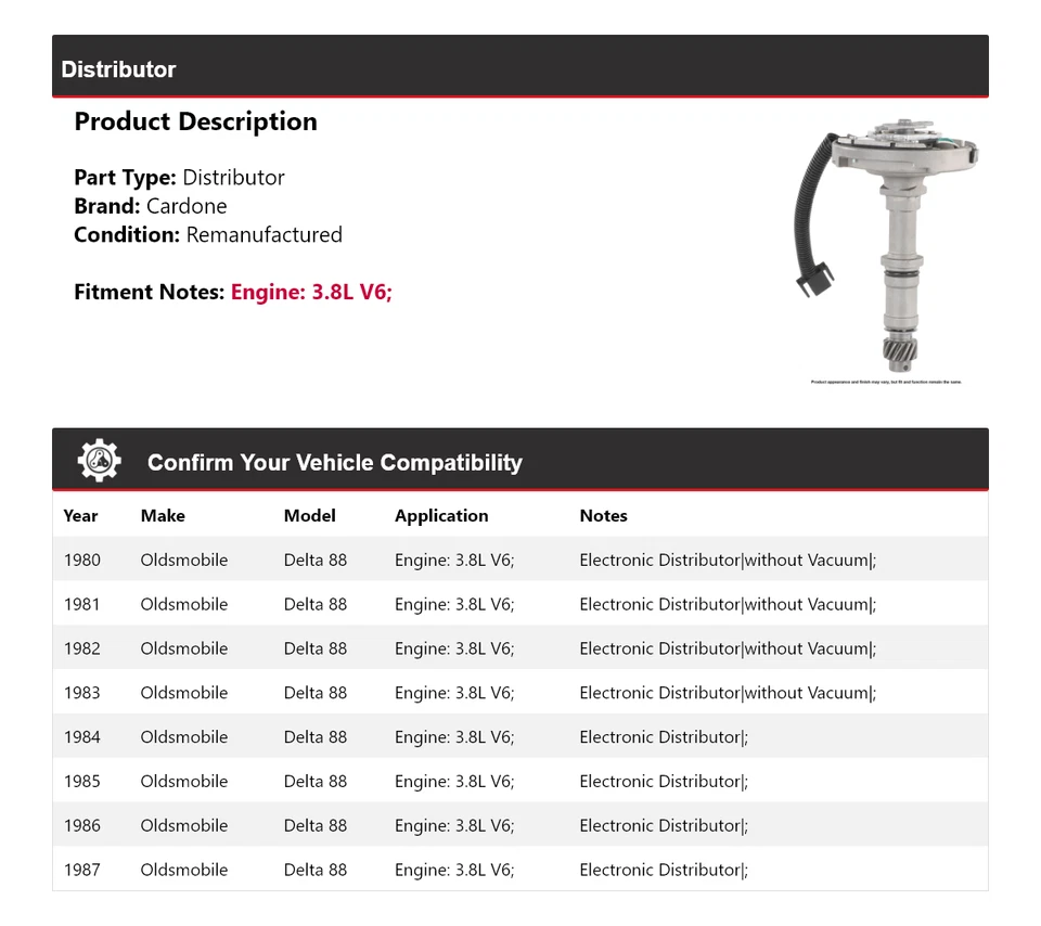 Для 1980-1987 Oldsmobile Delta 88 3,8 л V6 дистрибьютор Cardone 1981 1982 1983 - Изображение 2 из 4