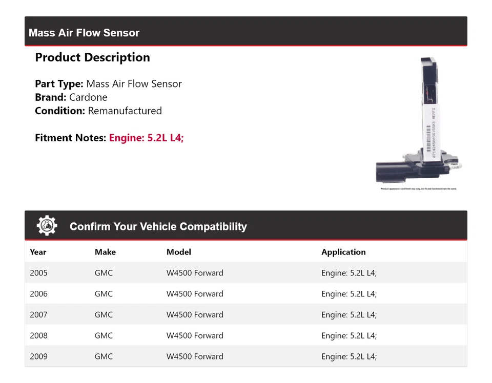 Sensor de fluxo de ar em massa Cardone 2006 2007 para 2005-2009 GMC W4500 Forward 5.2L L4 - Imagem 2 de 4