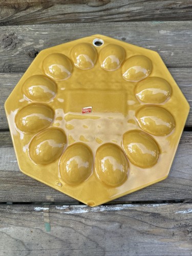 Harvest Gold Octagon Shaped Ceramic Deviled Egg Plate Celebration MCM Vintage - Picture 6 of 7