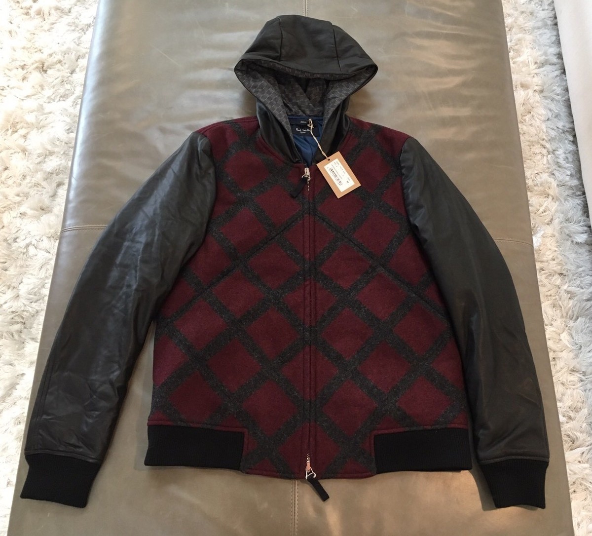 NWT Paul Smith Jeans PSJ Wool Leather Hooded Bomber Jacket Mens Medium $1295