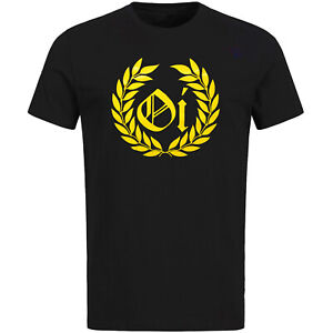 T-Shirt Black with Yellow Oi Wreath Logo Skinhead Punk Hand Printed Hemd S/L