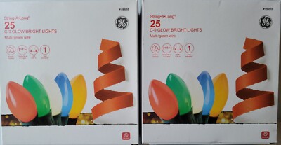 2x GE String A Long 25 Ct Glow Bright C9 Multicolor Green Wire 16Ft Holiday Set