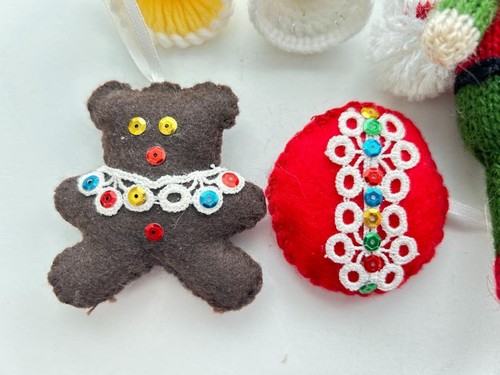 6 vintage felt ornaments handmade elf bear angel star sequins Christmas - Picture 2 of 9