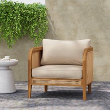 Bohemian Patio Chair Wicker Rattan Outdoor Armchair w/ Cushion, Acacia Wood